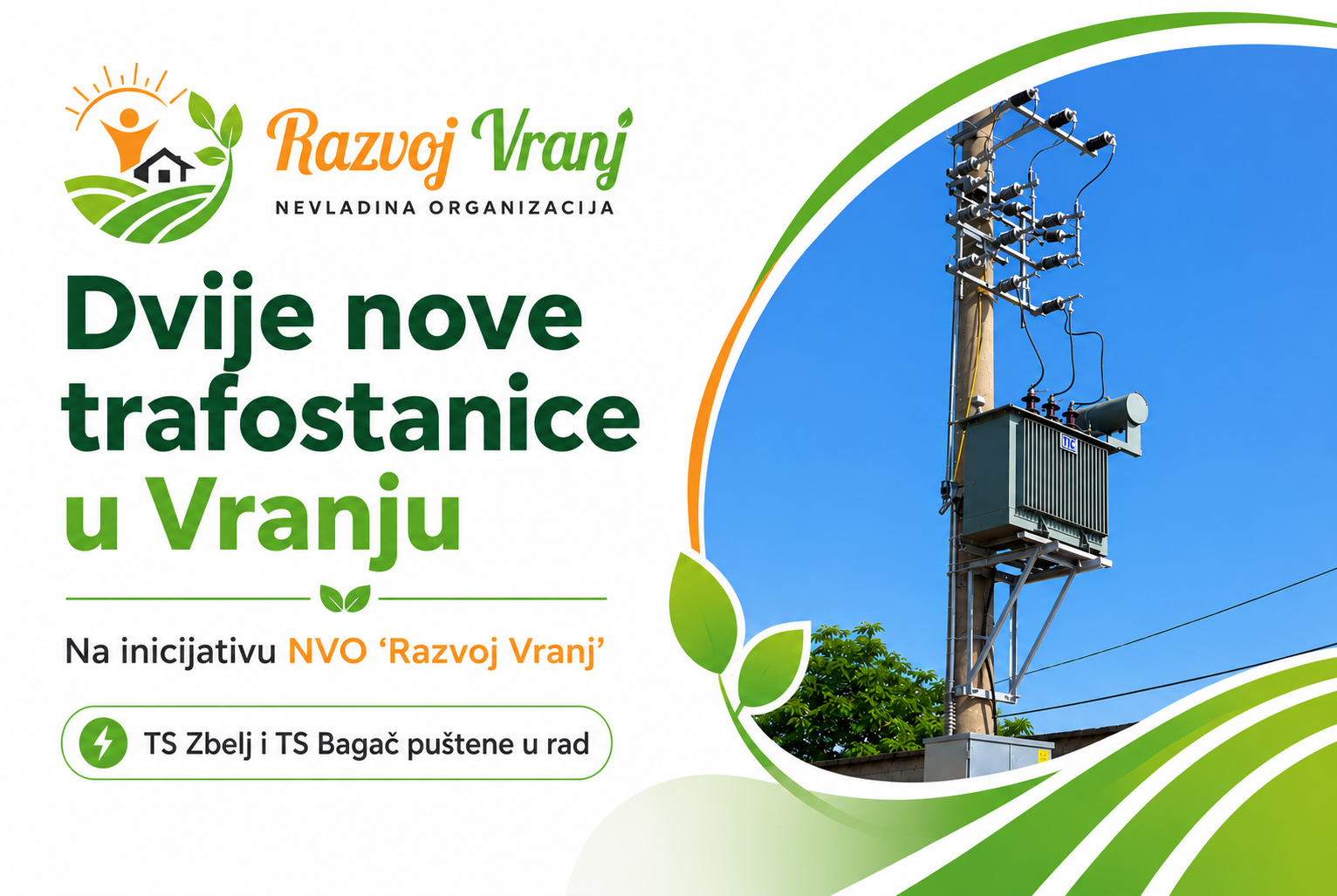 Zahvaljujući inicijativi NVO „Razvoj Vranj“, MZ Vranj dobila dvije nove trafostanice